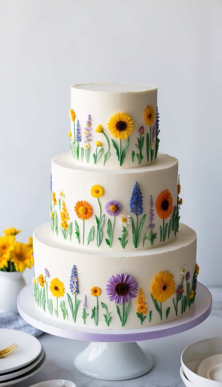A colorful array of wildflowers in various sizes and shapes, delicately piped onto a cake with buttercream frosting