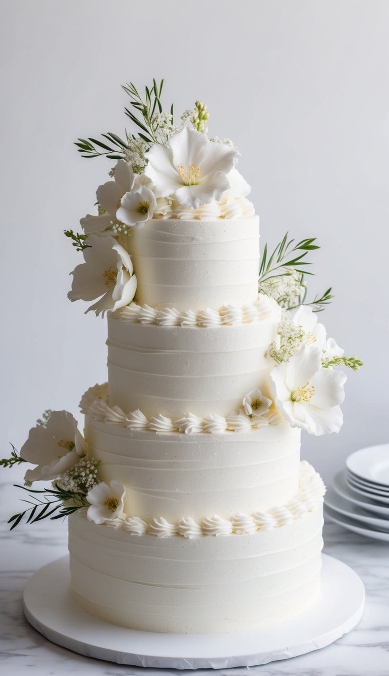 A white cake adorned with whipped vanilla icing, featuring elegant textures and floral decorations