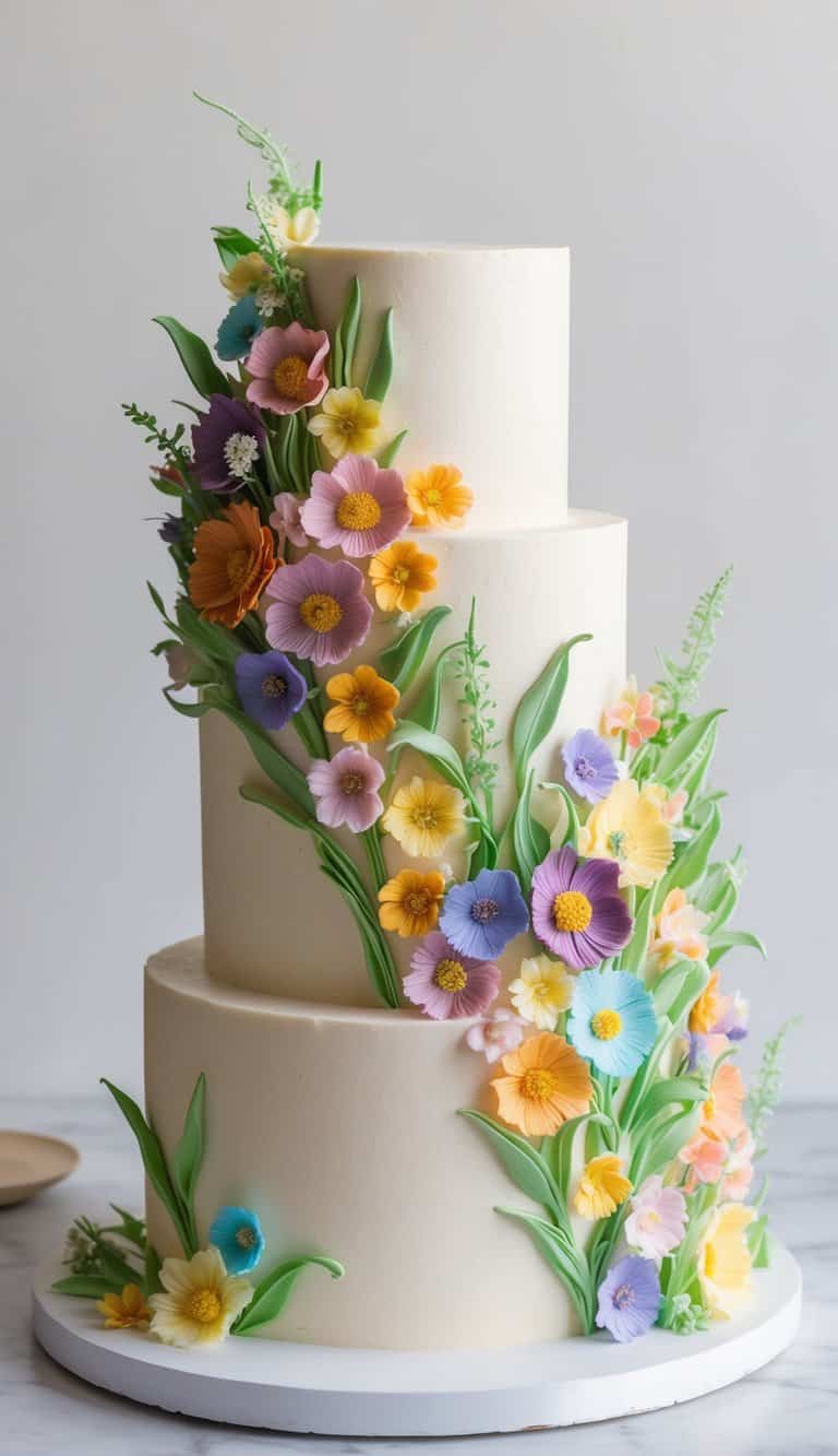 A vibrant display of wildflowers piped in icing cascading down the sides of a whimsical cake, with delicate petals and leaves in various colors and sizes