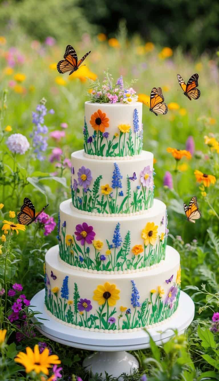A vibrant wildflower cake surrounded by a lush, meadow-like setting with colorful blooms and greenery. Butterflies flutter around the cake, adding to the whimsical, natural vibe