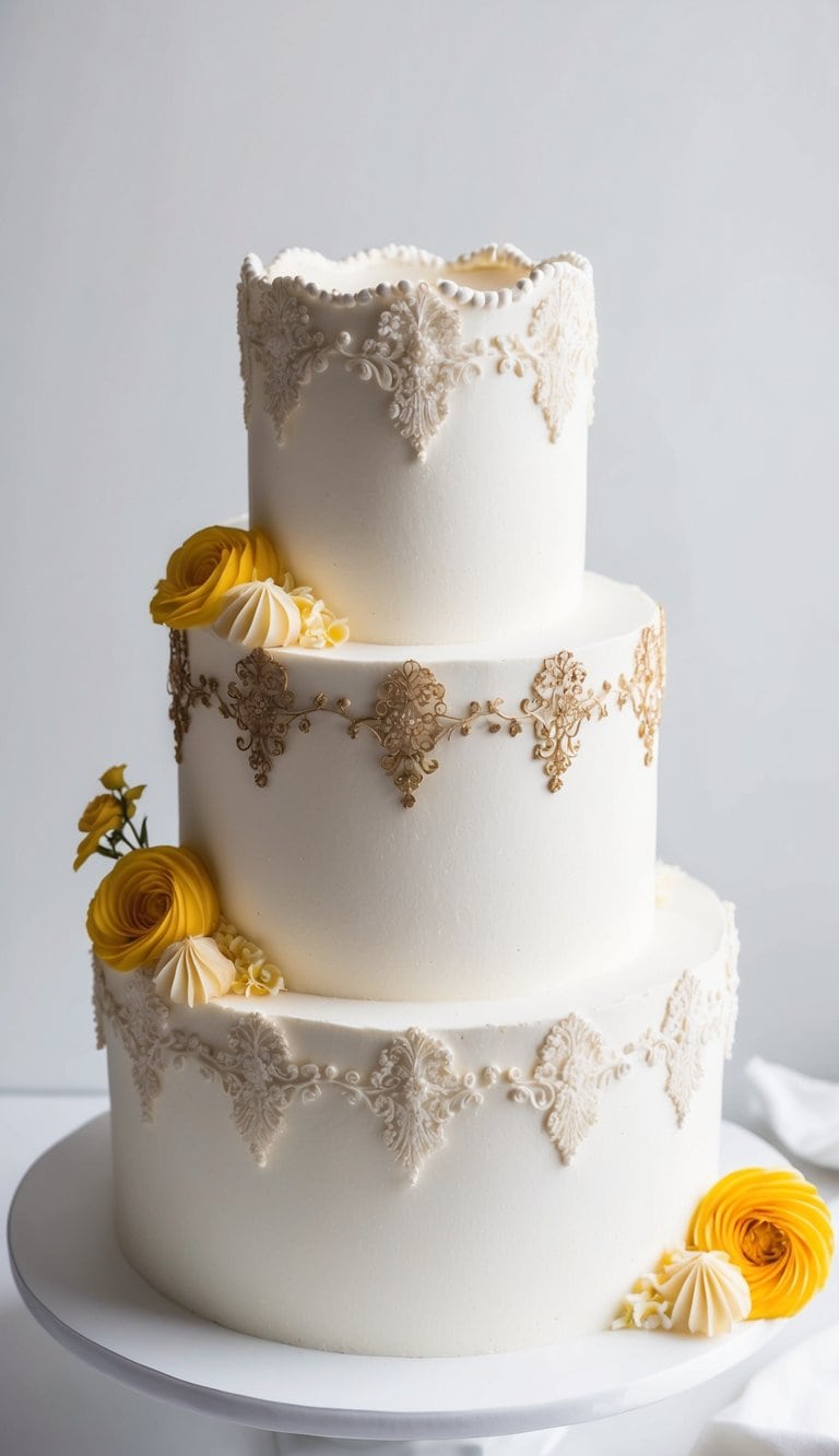 A three-tier white cake decorated with ornate gold icing patterns and yellow sugar roses, displayed on a white cake stand against a plain background.