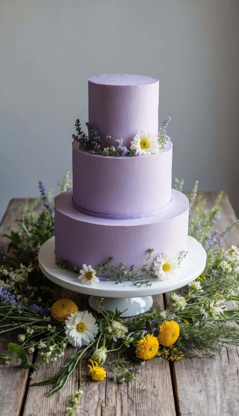 A rustic wooden table with a lavender cake surrounded by an assortment of wildflowers and greenery