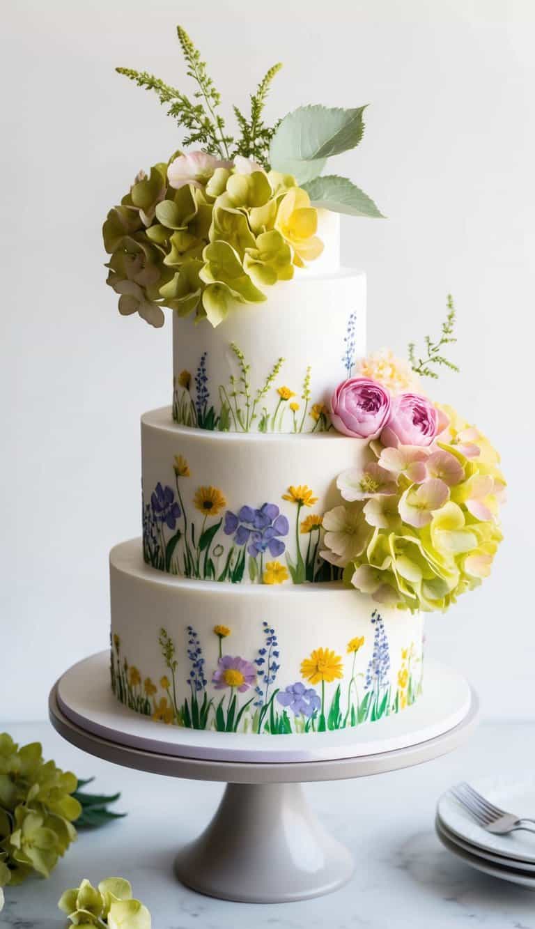 A vibrant wildflower cake adorned with buttercream hydrangeas and other whimsical floral decorations