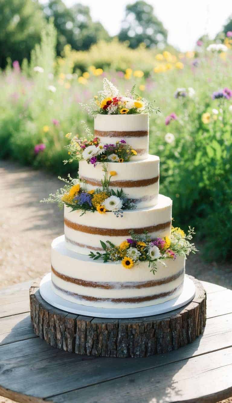 A rustic wooden table with a three-tiered cake adorned with an array of colorful wildflowers and greenery, set against a backdrop of a sunlit garden