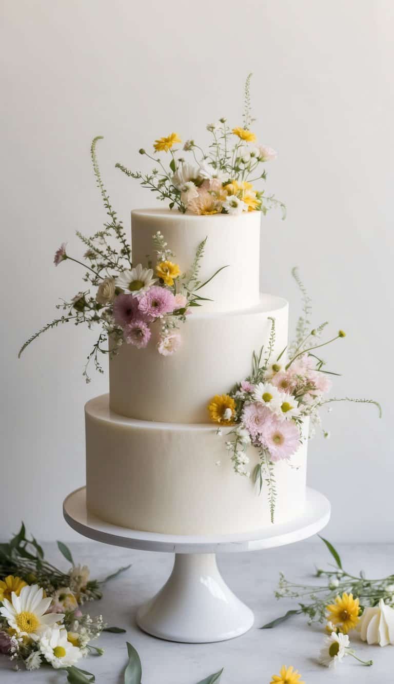 A simple, elegant cake adorned with an array of wildflowers in soft, pastel colors