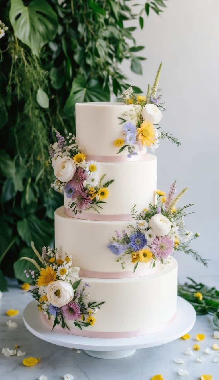 A tiered cake adorned with a variety of wildflowers in soft, pastel colors, set against a backdrop of lush greenery and scattered petals