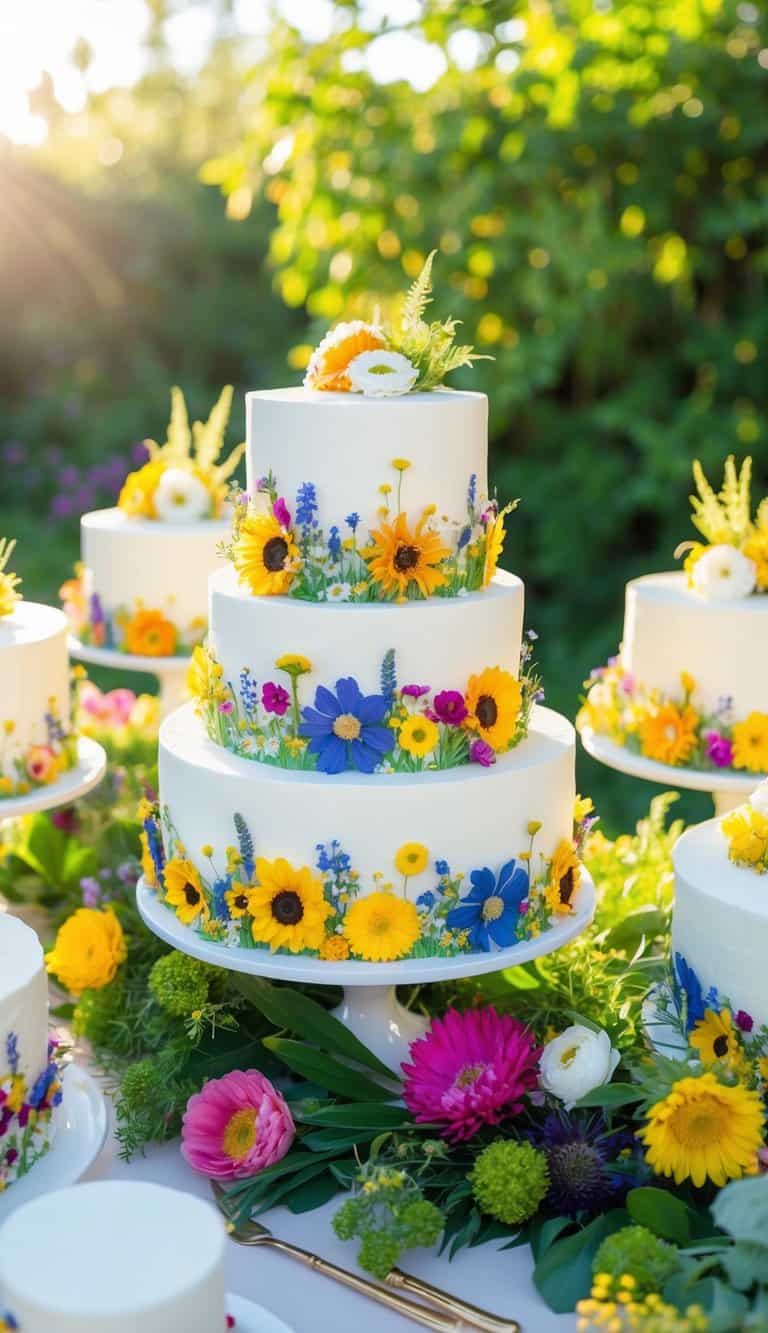 A table filled with colorful wildflower cakes, surrounded by vibrant blooms and greenery, with the sun casting a warm glow on the scene