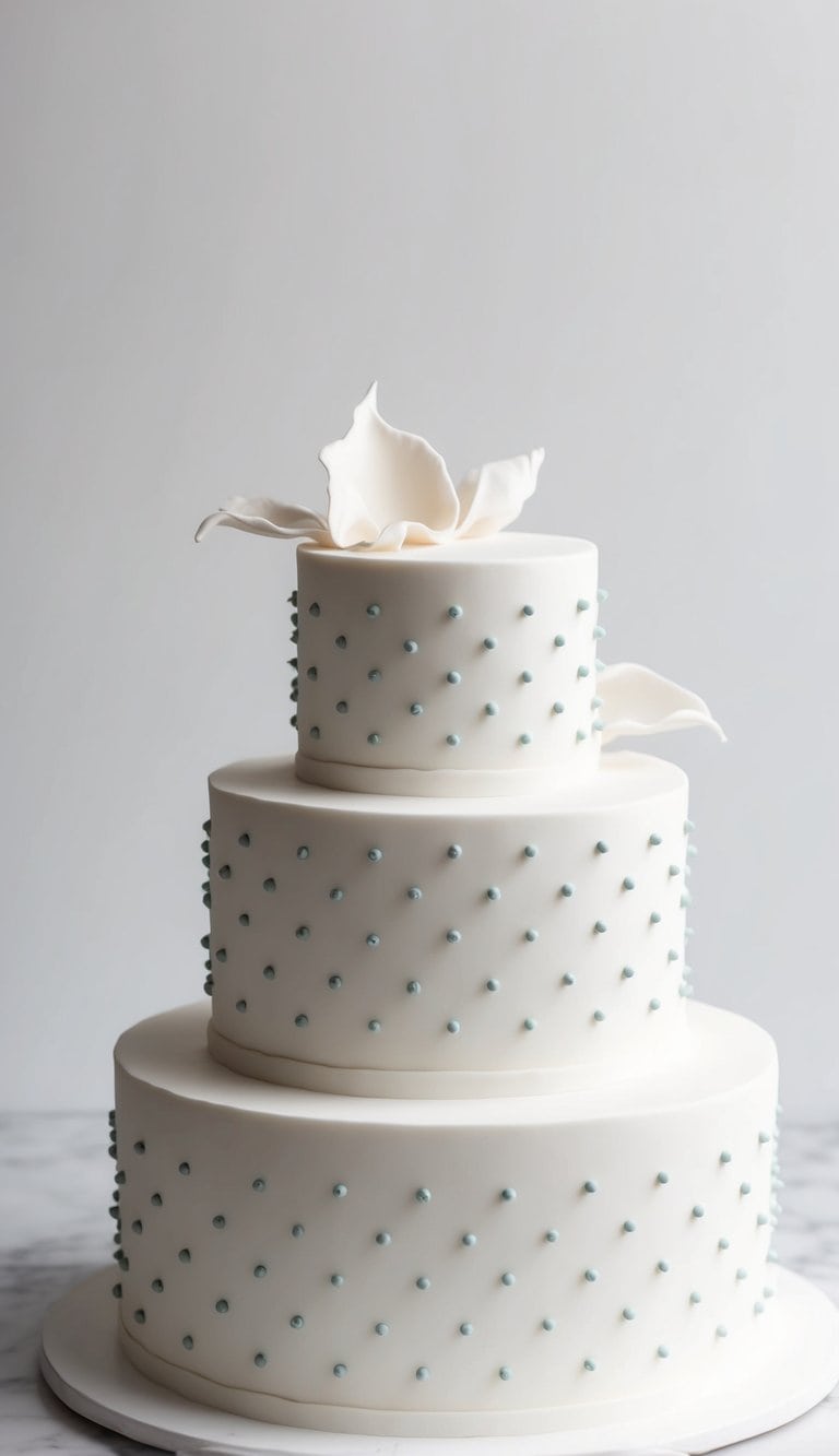 A white fondant cake adorned with delicate, evenly spaced dots in various sizes, creating a timeless and elegant texture
