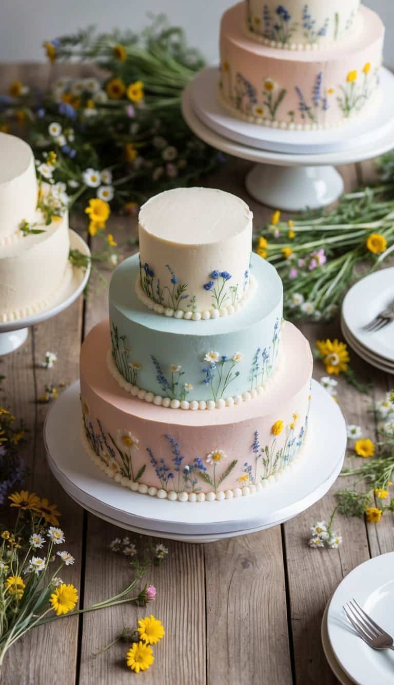A rustic wooden table adorned with a variety of wildflowers, surrounded by pastel-colored cakes decorated with delicate wildflower designs
