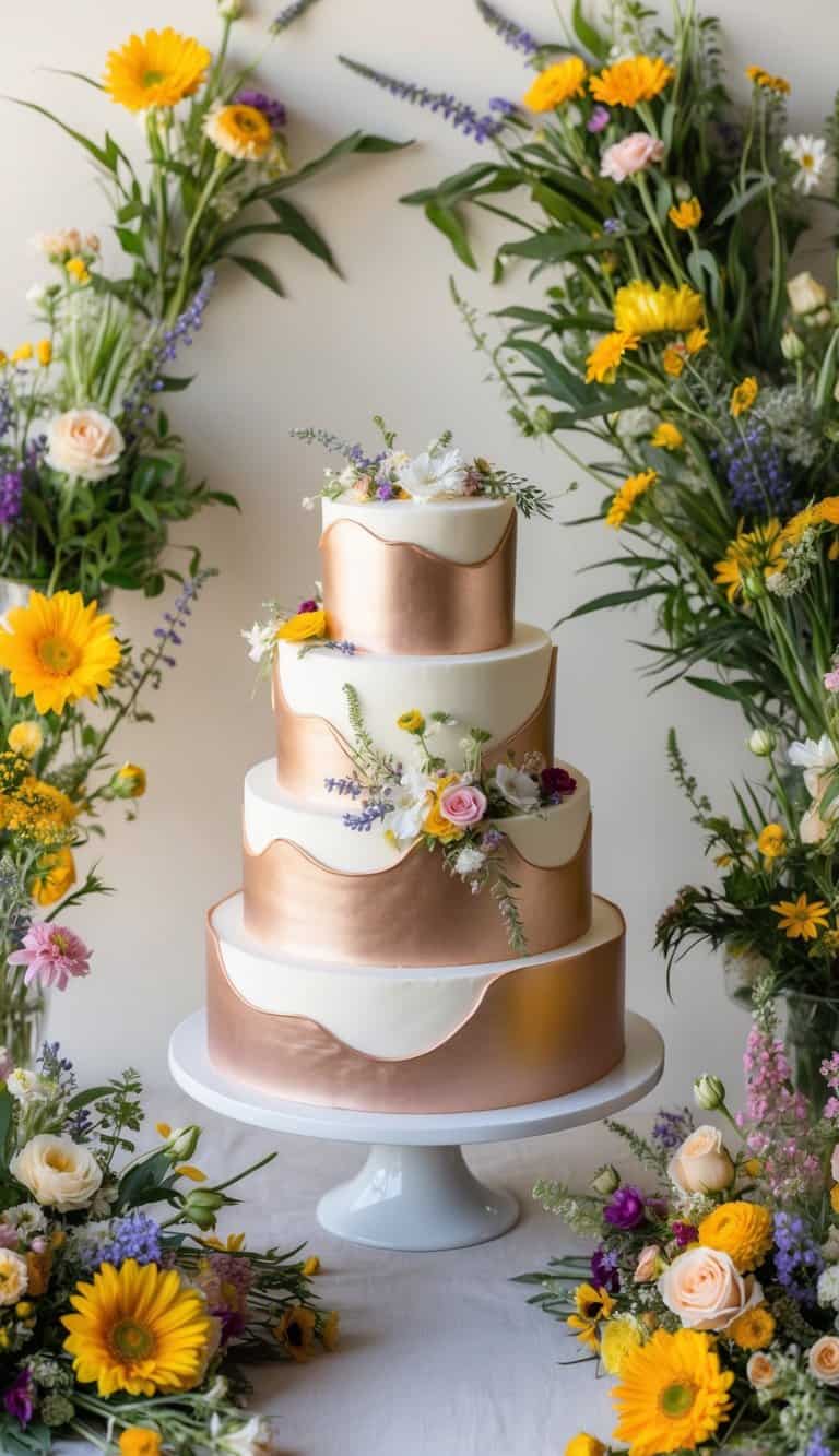 A table filled with rose gold and wildflower cakes surrounded by an array of fresh and colorful wildflowers