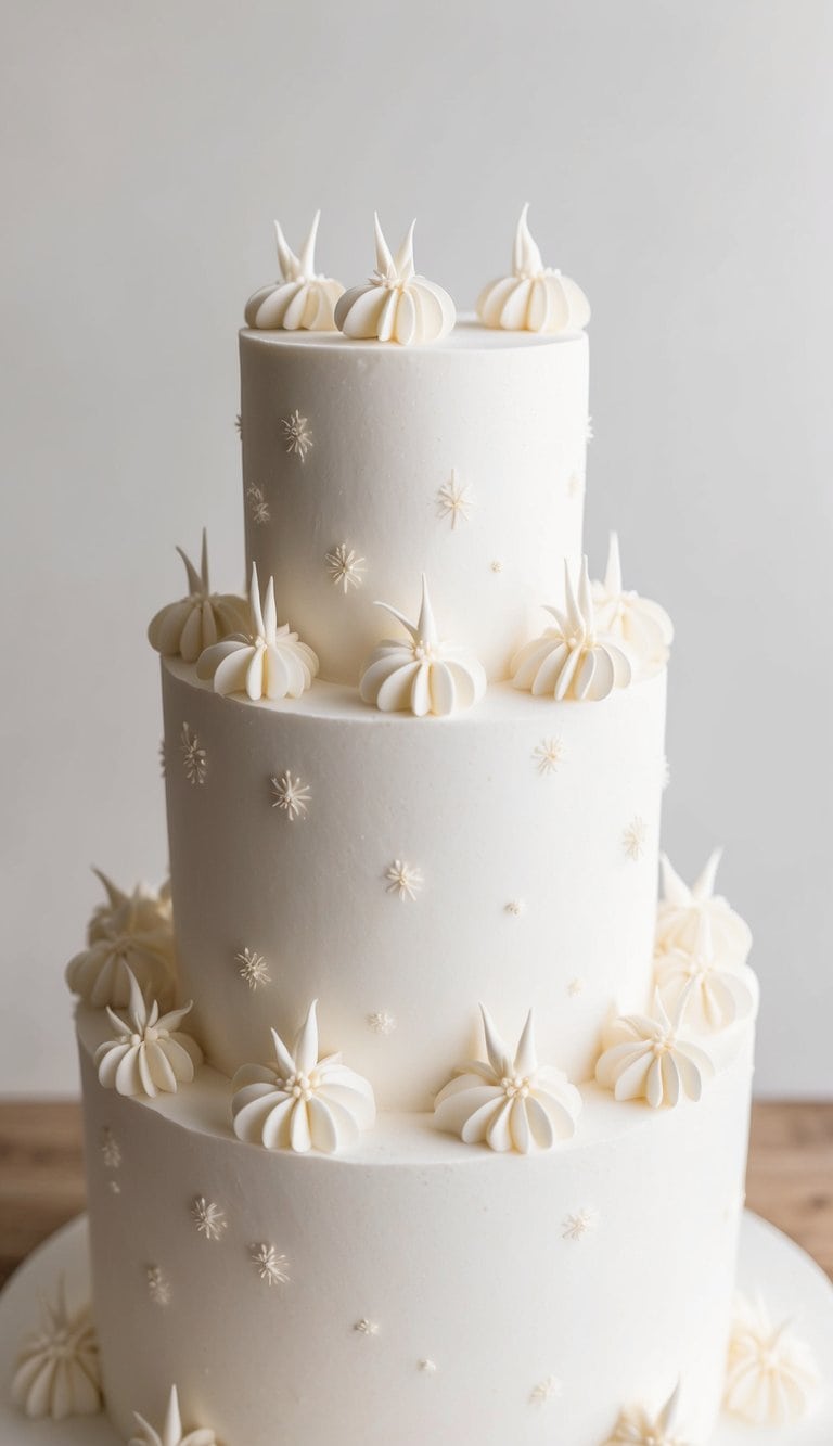 A white cake adorned with starburst buttercream swirls and delicate textures, exuding timeless elegance