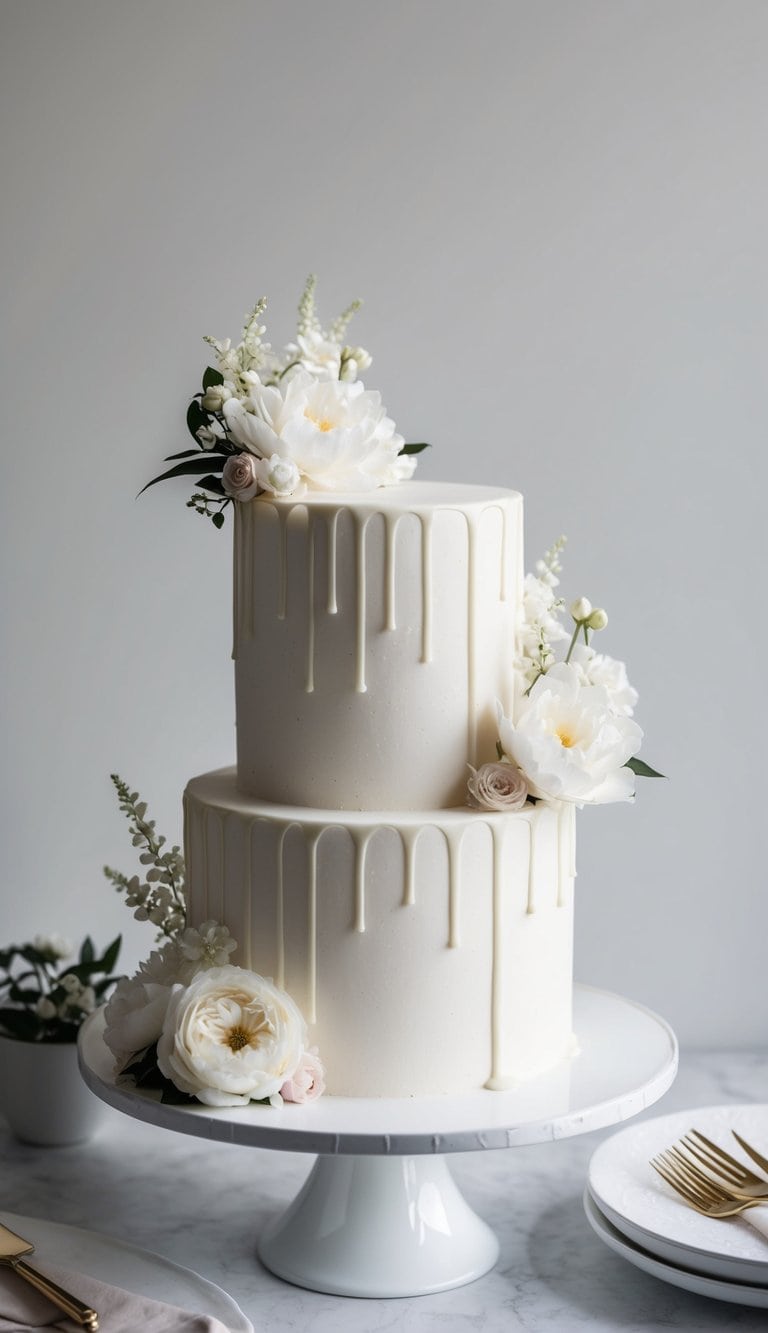 A white cake with a delicate white chocolate drizzle cascading down the sides, adorned with elegant textures and floral decorations