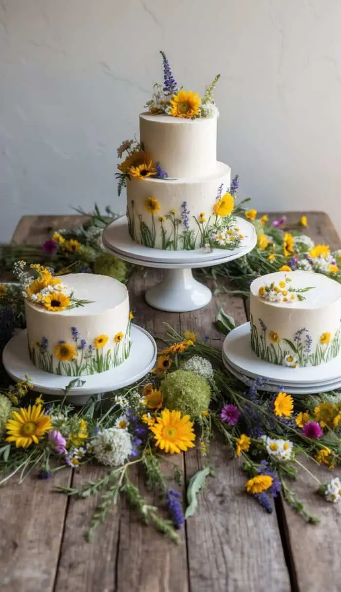 Three round cakes adorned with vibrant yellow and purple flowers are displayed on a wooden table. The cakes are on white stands and surrounded by an arrangement of matching wildflowers, creating a rustic, garden-themed presentation.