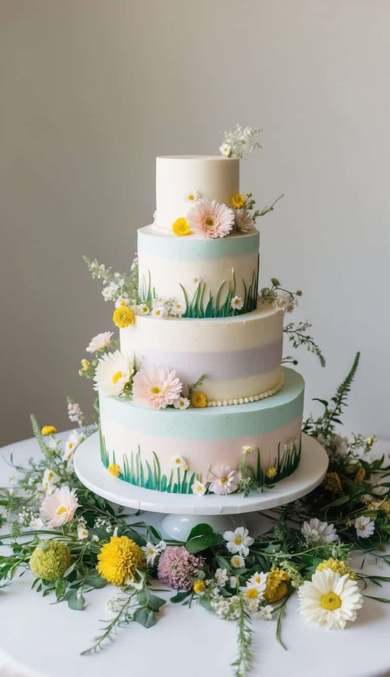 A table adorned with soft pastel wildflower cakes, surrounded by a variety of whimsical wildflowers and greenery