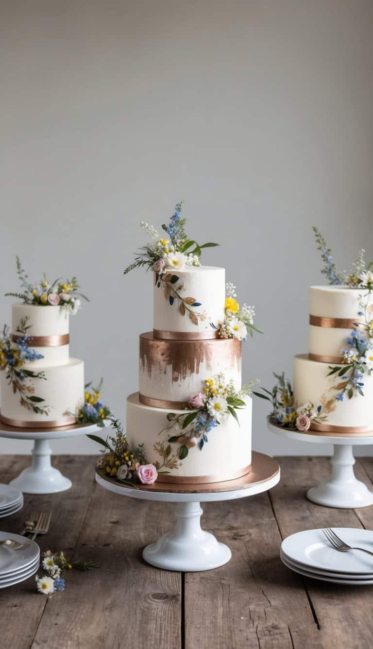 A rustic wooden table adorned with wildflower-adorned cakes, each embellished with metallic accents and intricate floral designs