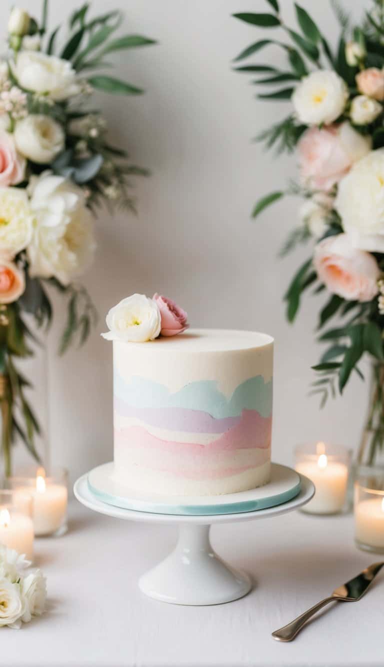 A small, elegant wedding cake adorned with watercolor frosting in soft pastel hues, set against a backdrop of delicate floral arrangements and twinkling candlelight