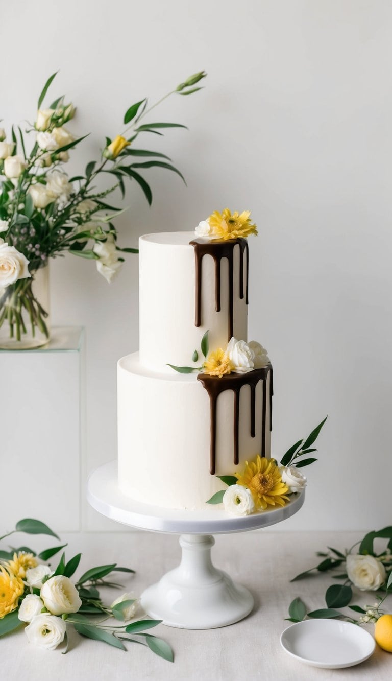 A two-tiered wedding cake with a drip design using ganache, adorned with elegant and intimate decorations