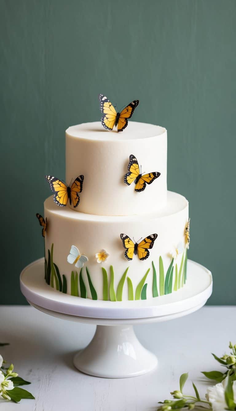 A small wedding cake adorned with edible butterflies, creating a whimsical garden feel