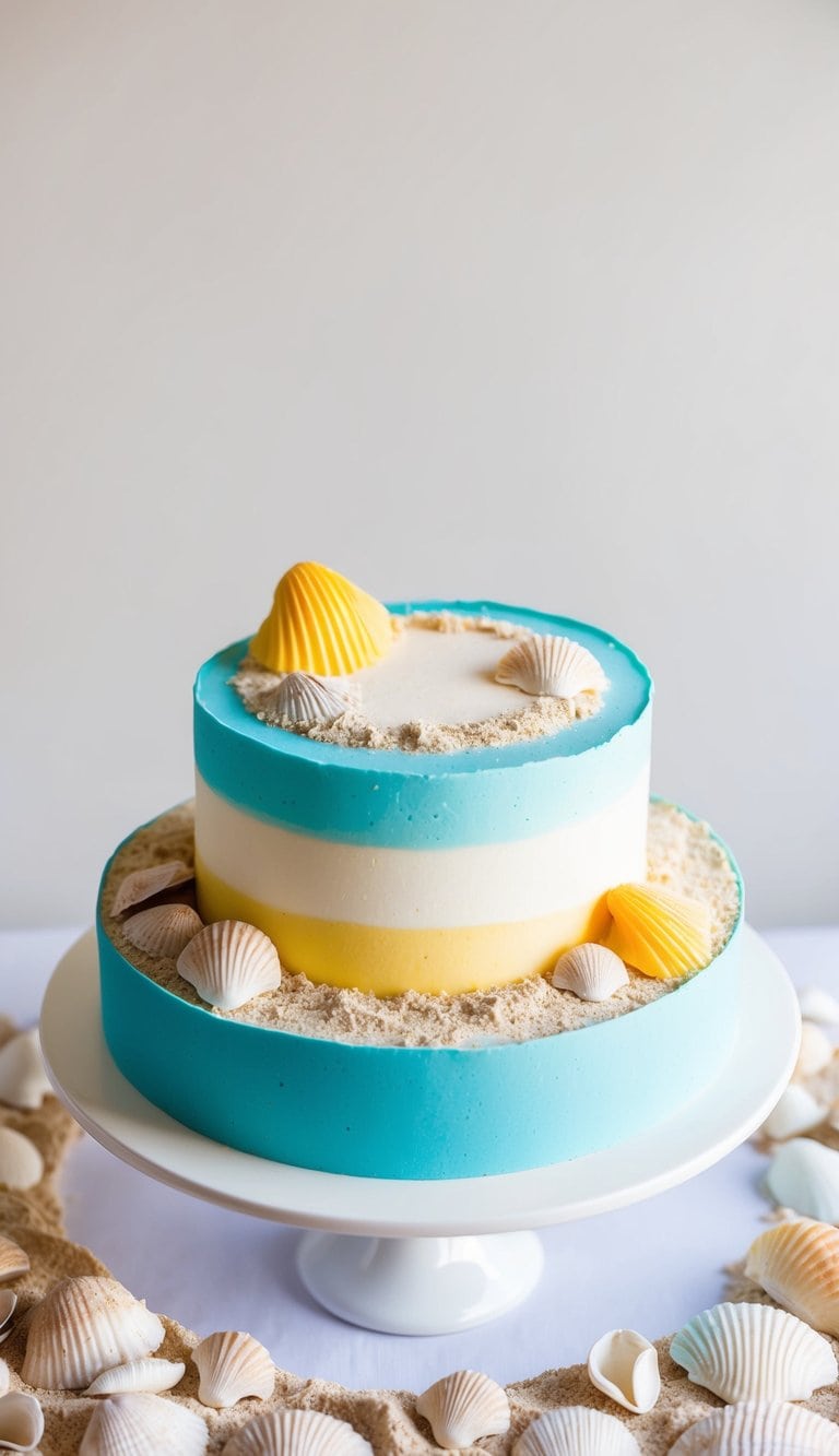 A wedding cake adorned with edible sand and shells on a beach-themed display