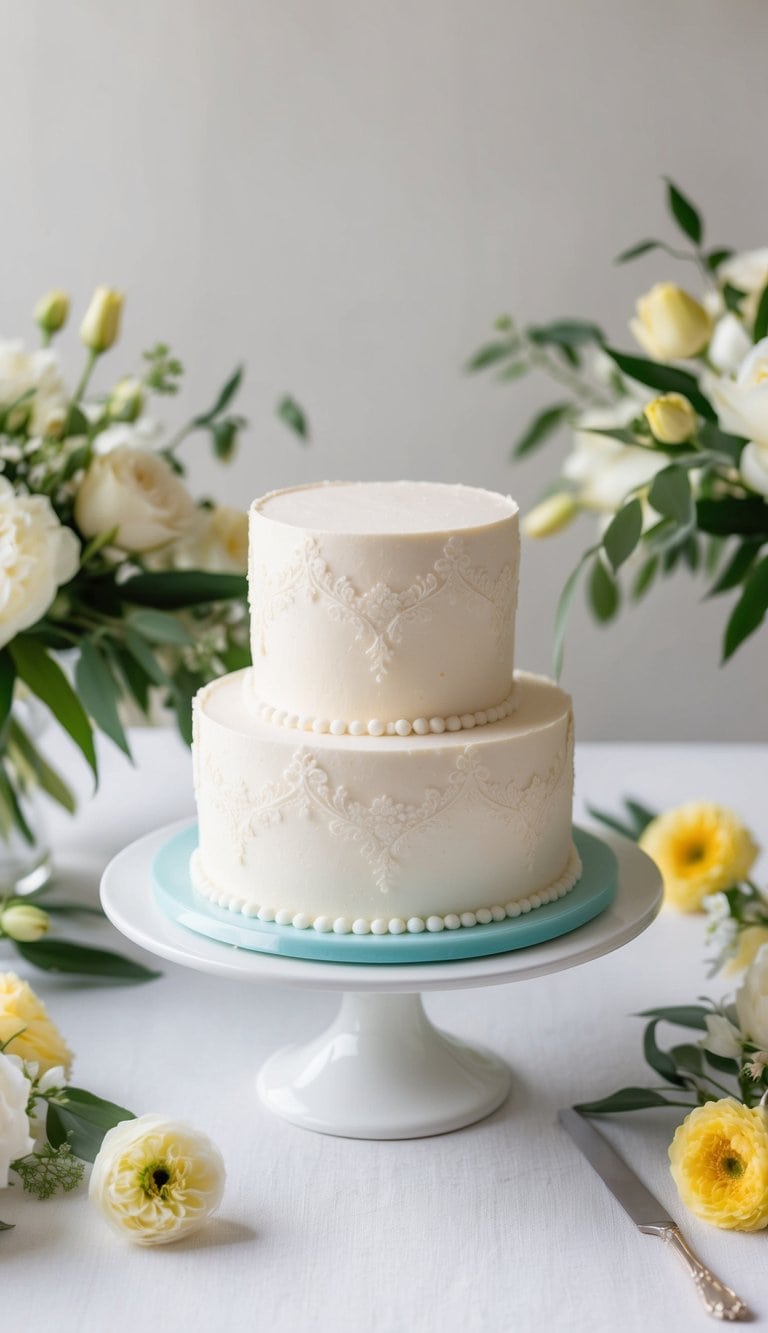 A small wedding cake with delicate edible lace details sits on a table surrounded by elegant floral arrangements