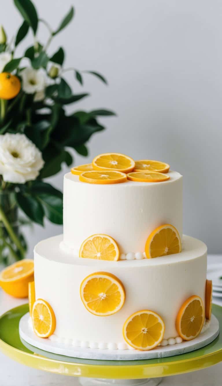 Fresh citrus slices adorn an elegant wedding cake, adding a summery touch to the intimate celebration