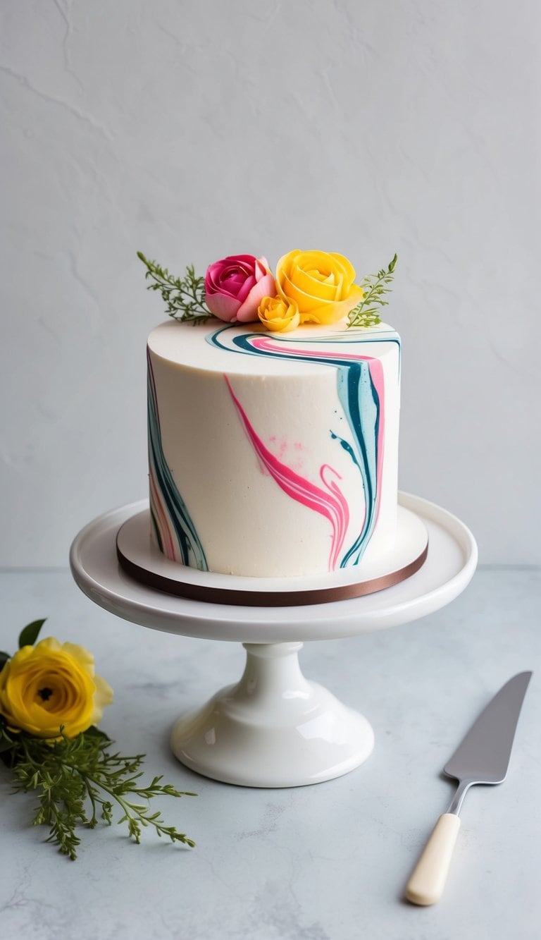 Marble effect icing swirls elegantly on a small wedding cake