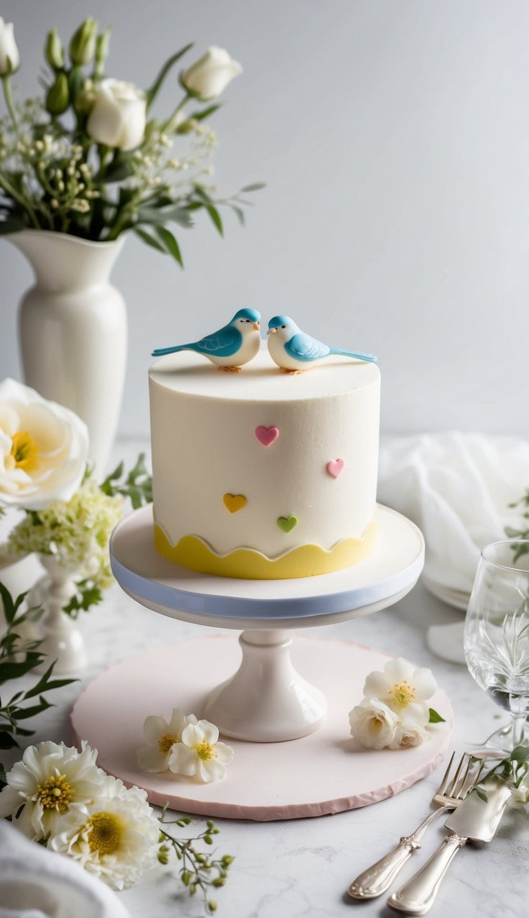 A small wedding cake adorned with lovebirds and delicate figurines, surrounded by elegant and intimate decor
