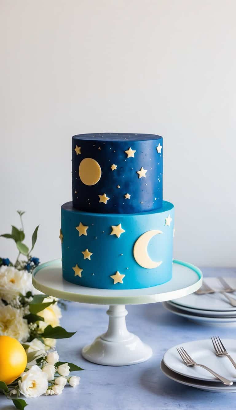 A celestial-themed wedding cake with stars and moons shining in a night sky