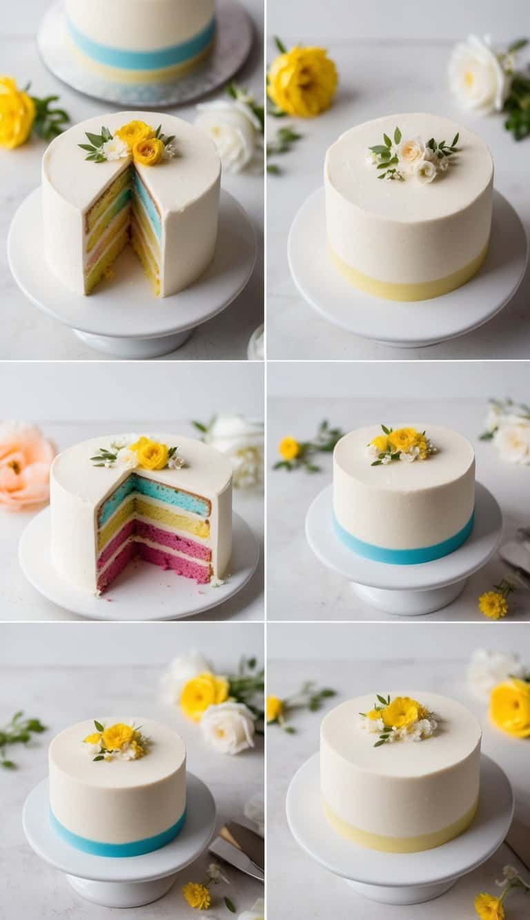 A small wedding cake with a hidden layer of colored cake revealed when sliced, surrounded by elegant and intimate decorations