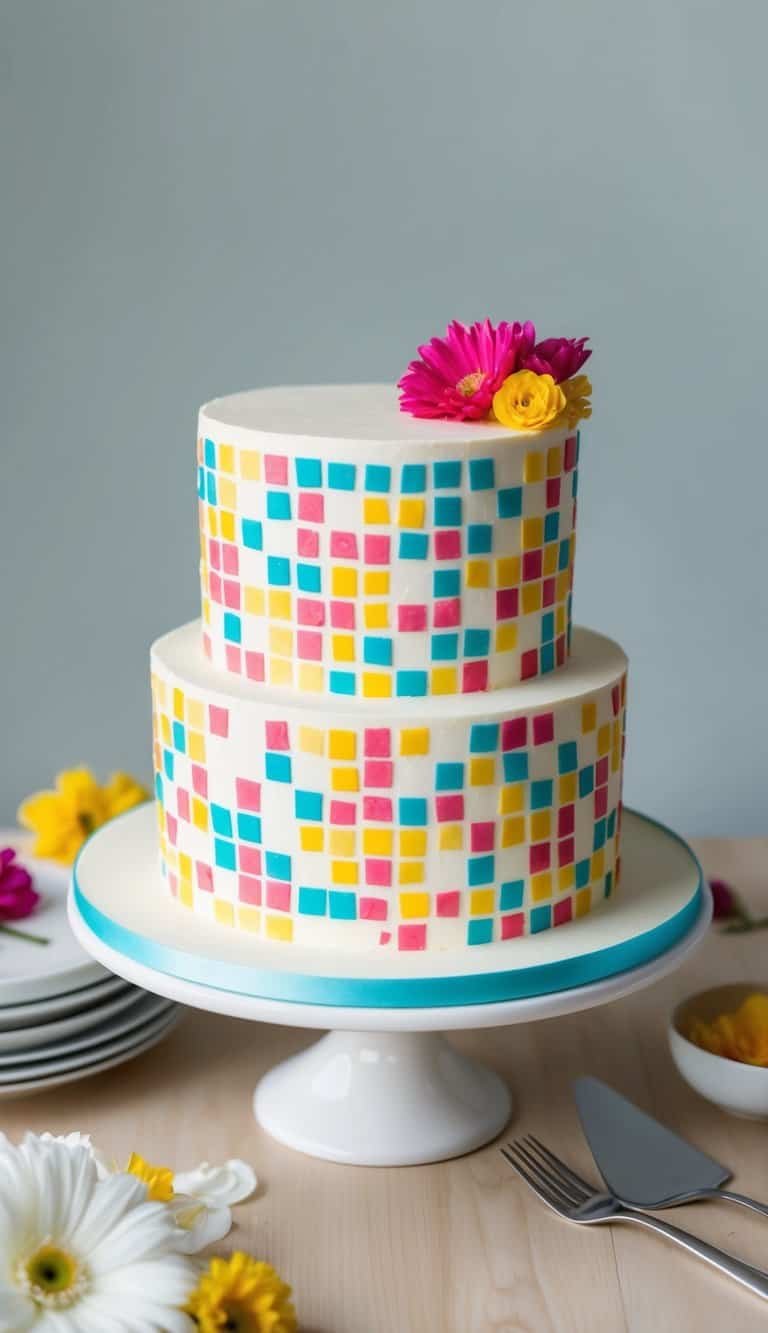 Vibrant mosaic patterns adorn an elegant and intimate wedding cake, creating a vibrant and celebratory atmosphere