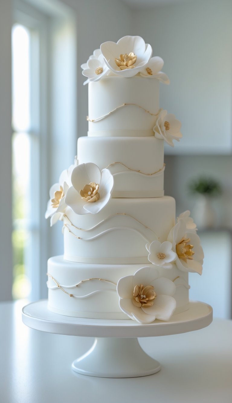 A four-tiered white wedding cake decorated with large white and gold flowers and delicate gold vines, displayed on a white cake stand in a bright, modern room.