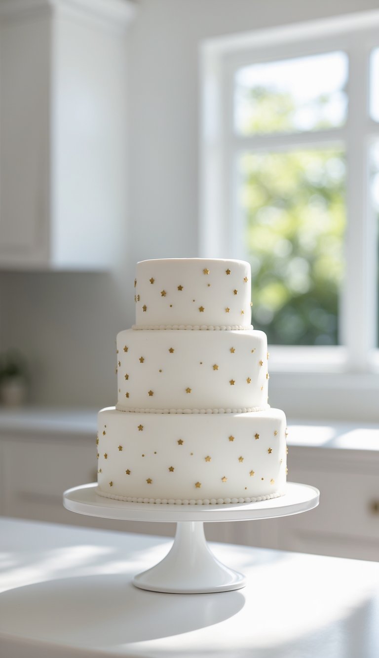 A three-tiered white cake decorated with small gold stars sits on a white cake stand in a bright kitchen with sunlight streaming through a window in the background.