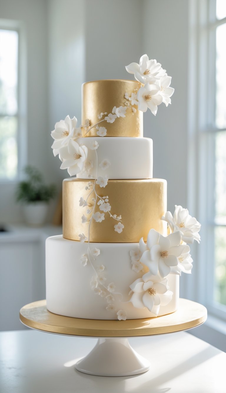 A three-tiered cake with alternating white and gold layers, decorated with elegant white sugar flowers and displayed on a white cake stand in a bright, sunlit room.