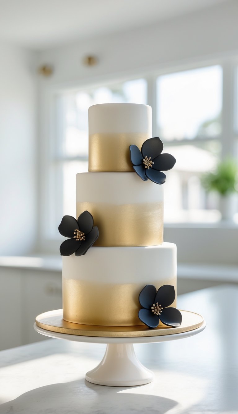 A three-tiered white cake with gold bands on each layer, decorated with three large black fondant flowers, displayed on a white cake stand in a bright, modern room.