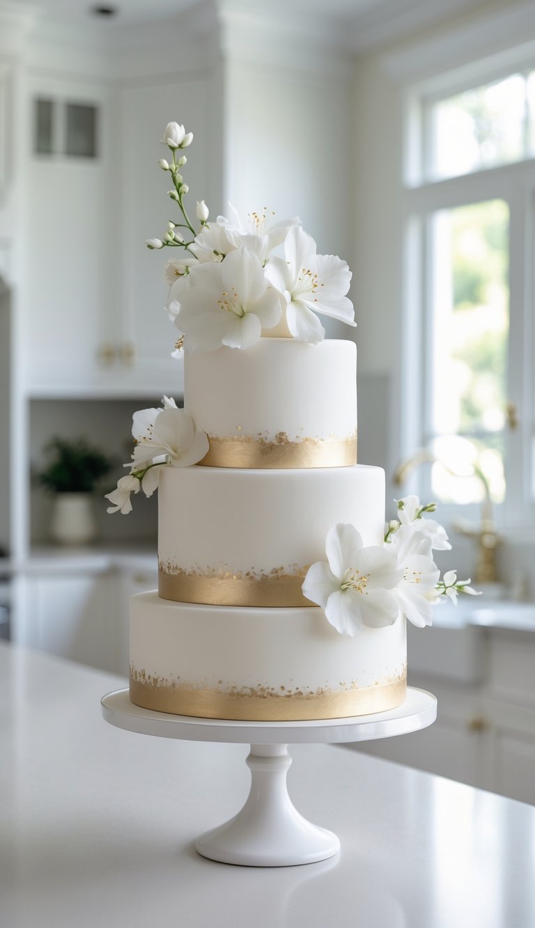 A three-tier white cake with gold bands and decorated with white flowers sits on a white cake stand in a bright, modern kitchen.
