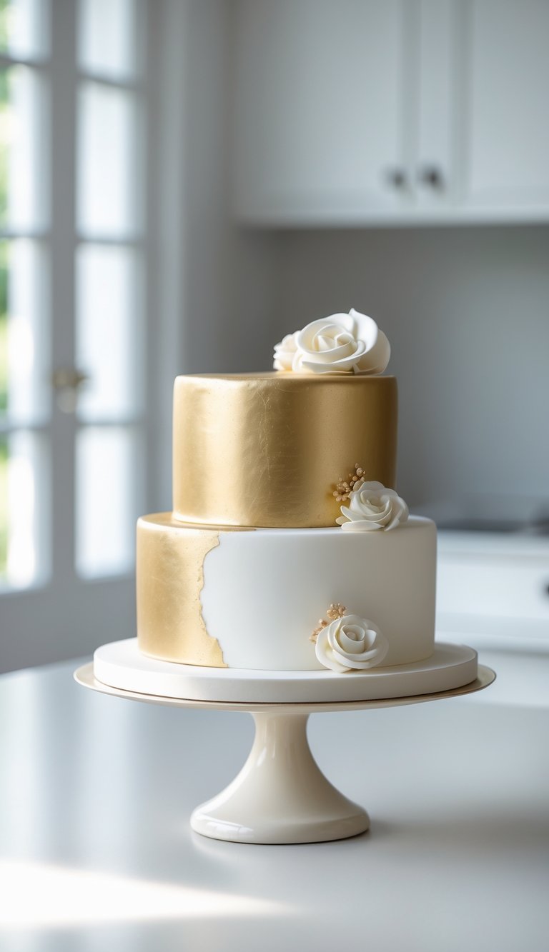 A two-tiered cake with gold and white fondant, decorated with elegant white sugar roses, displayed on a white cake stand in a bright, modern kitchen.