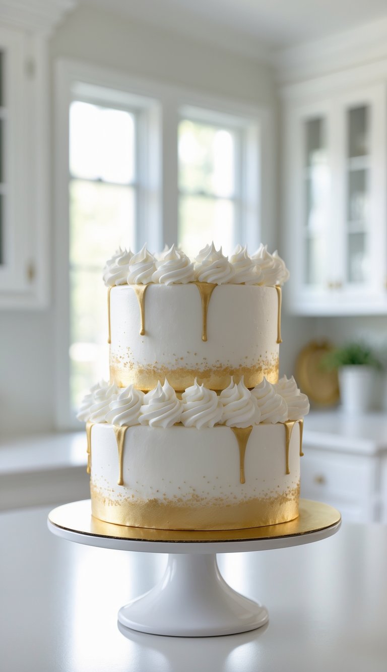 A two-tier white cake with gold accents and white whipped frosting swirls sits on a white cake stand in a bright, modern kitchen.