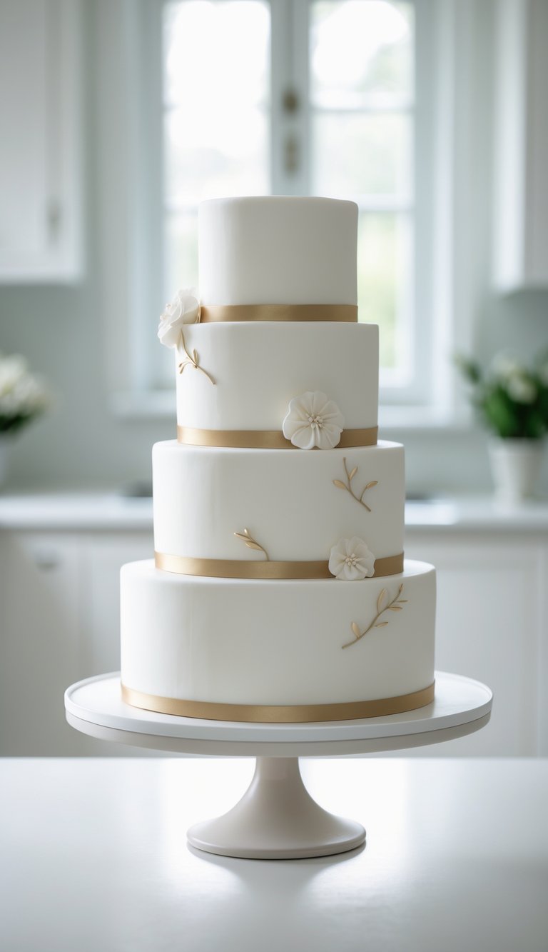 A four-tiered white cake with smooth fondant, gold ribbon accents, and delicate white flower decorations sits on a white cake stand in a bright, modern kitchen.