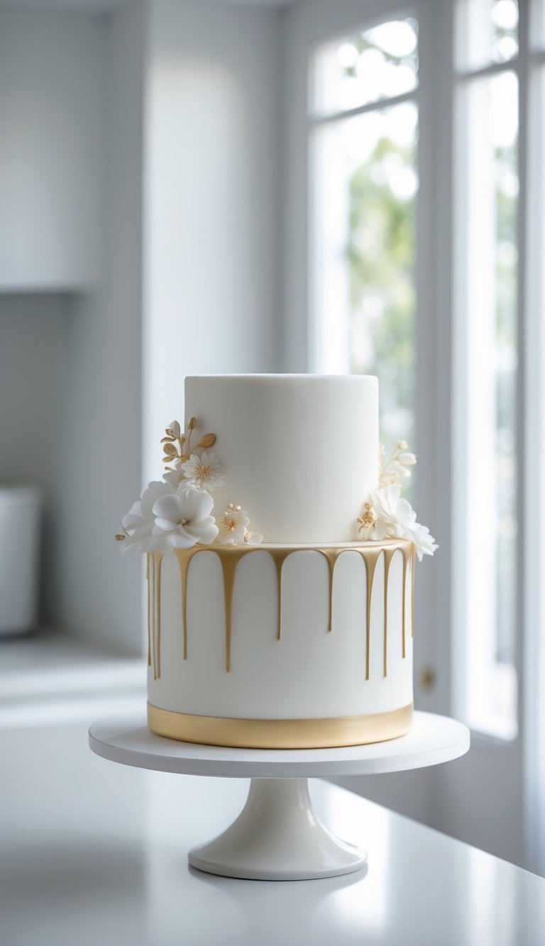 A two-tiered white cake with gold drip accents, decorated with white flowers and gold leaves, sits on a white cake stand in a bright room with large windows.