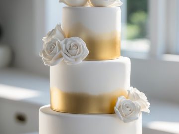 A three-tiered white cake with gold bands and decorated with elegant white fondant roses, displayed on a white cake stand in a bright room with natural light.