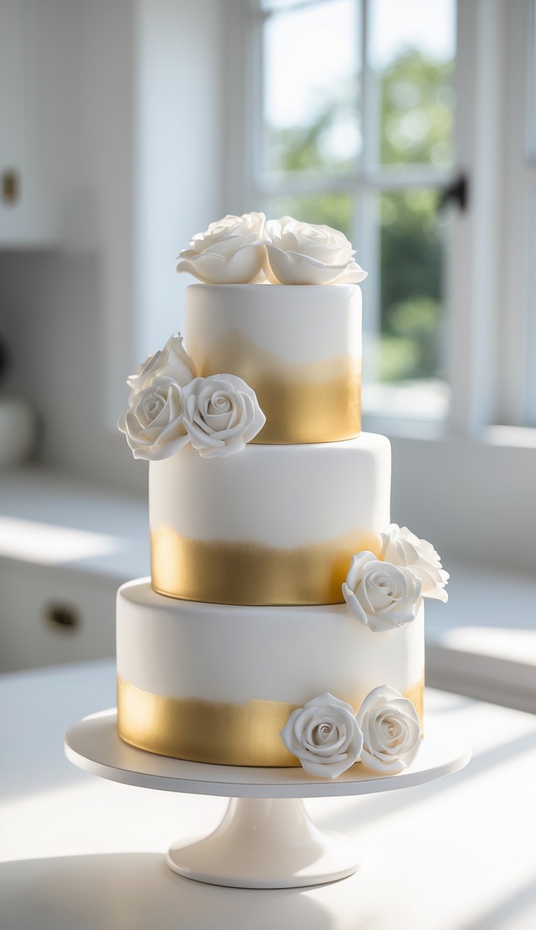 A three-tiered white cake with gold bands and decorated with elegant white fondant roses, displayed on a white cake stand in a bright room with natural light.