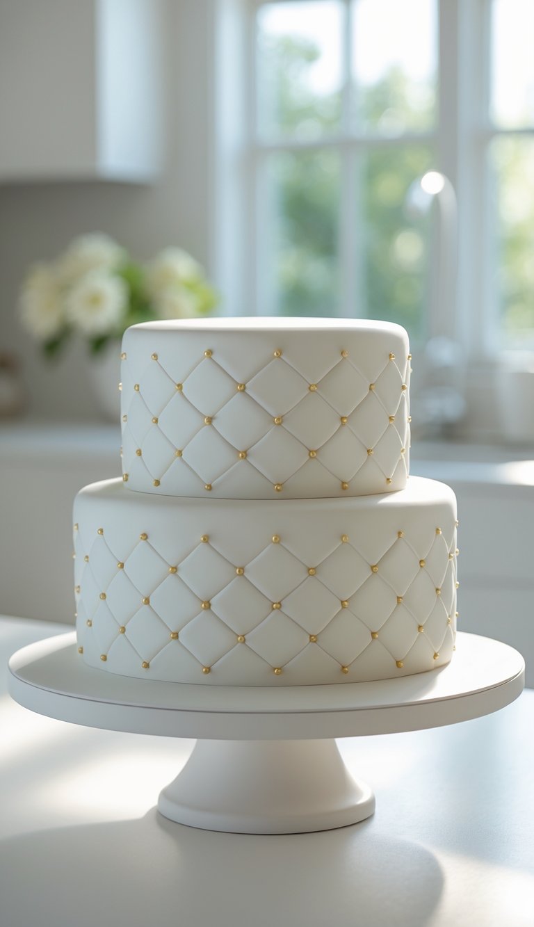 A two-tiered white cake decorated with a quilted diamond pattern and small gold pearls sits on a white cake stand in a bright, modern kitchen.