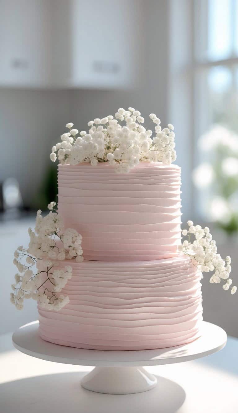 A two-tiered pale pink cake with textured, wavy icing is decorated with clusters of small white flowers, displayed on a white cake stand in a bright, sunlit room.