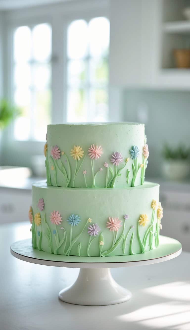 A two-tiered pastel green cake decorated with piped grass and colorful, daisy-like flowers, displayed on a white cake stand in a bright, airy kitchen.