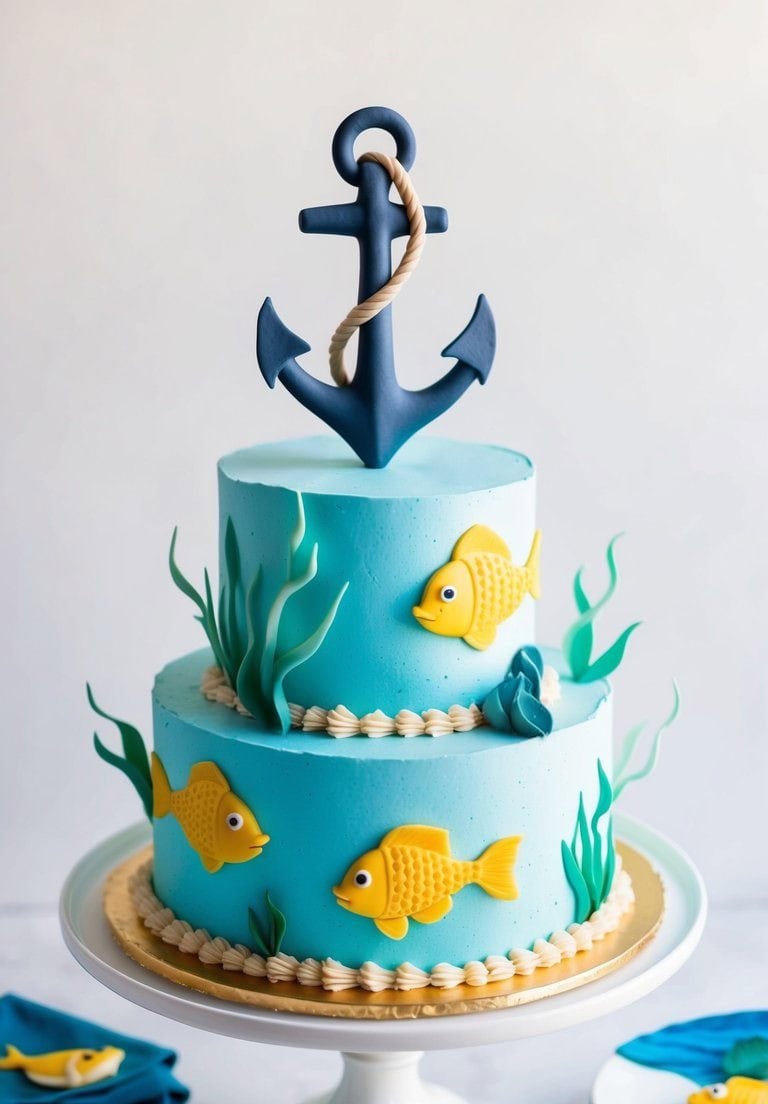 Two-tiered blue cake decorated with yellow fish, green seaweed, and a large navy anchor with a rope on top, displayed on a white cake stand.