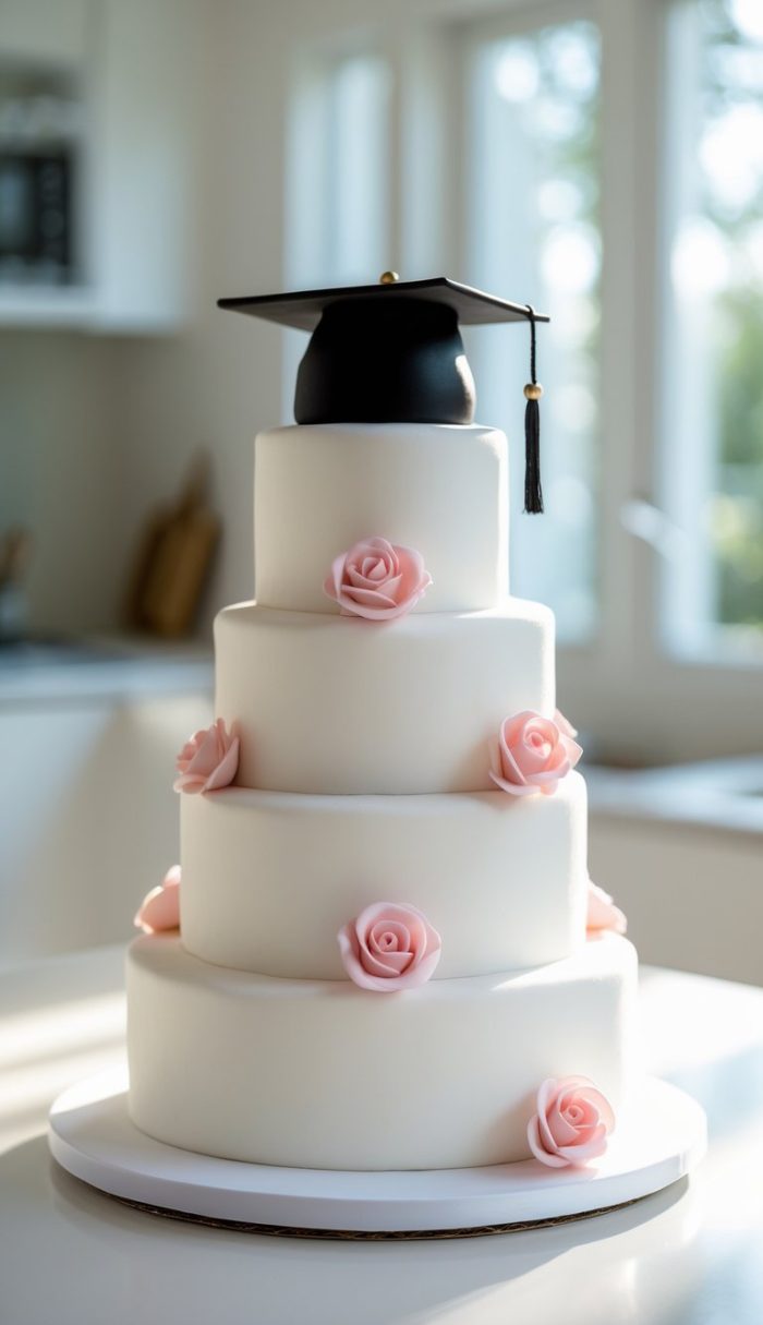 A three-tiered white cake decorated with pink fondant roses, topped with a black graduation cap, sits on a white surface in a bright kitchen setting.