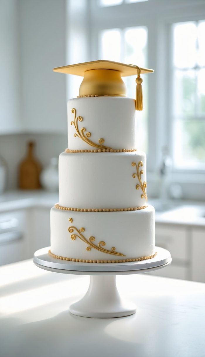 A three-tiered white cake with gold decorative swirls and a gold graduation cap on top, displayed on a white cake stand in a bright kitchen.