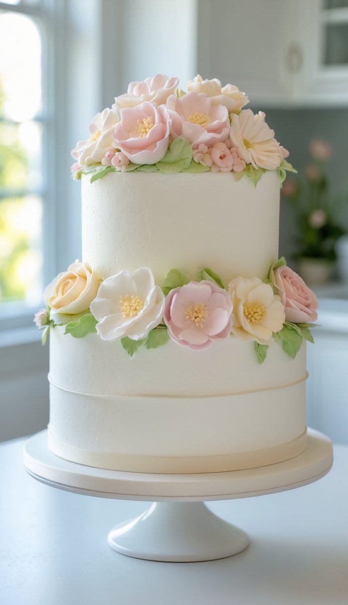 A two-tiered white cake decorated with pastel pink, white, and yellow sugar flowers and green leaves, displayed on a white cake stand in a bright kitchen.