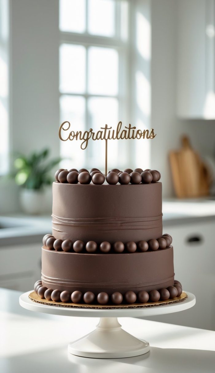 A two-tiered chocolate cake decorated with chocolate balls sits on a white cake stand in a bright kitchen. A sign on top of the cake reads "Congratulations.