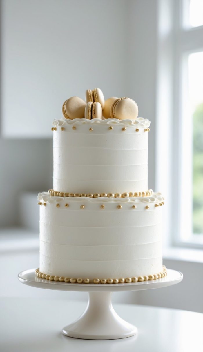 A two-tier white cake decorated with gold pearls and topped with beige macarons, displayed on a white cake stand in a bright room.